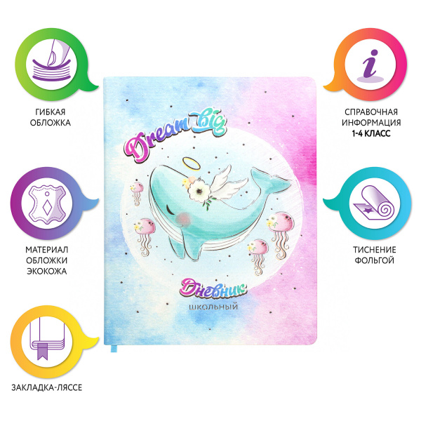 Дневник 1-4 класс 48 л., кожзам (гибкая), печать, фольга, ЮНЛАНДИЯ, "ДОБРЫЙ КИТ", 105933 - Дневники для младших классов