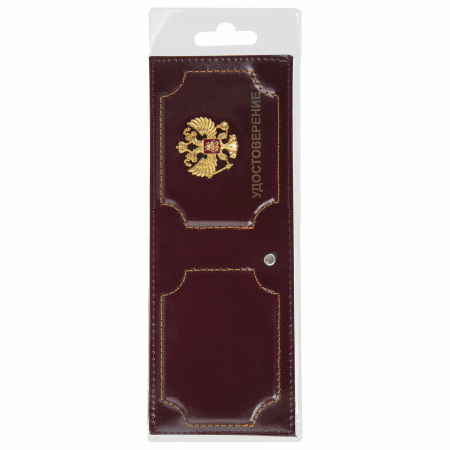 Обложка для удостоверения натуральная кожа шик, 3D герб + тиснение, темно-бордовая, BRAUBERG, 238199 - Обложки для документов