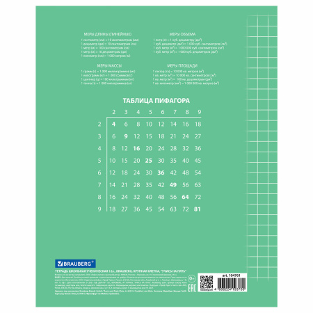 Тетрадь 12 л. BRAUBERG ЭКО "5-КА", крупная клетка, обложка плотная мелованная бумага, ЗЕЛЕНАЯ, 104761 - Тетради 12-24 листов