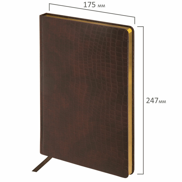 Ежедневник недатированный БОЛЬШОЙ ФОРМАТ (175х247 мм) В5, BRAUBERG "Alligator", под матовую крокод. кожу, 160л, крем.блок, т-корич, 124969 - Ежедневники с покрытием "под кожу и ткань"