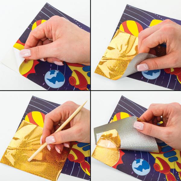 Набор для творчества "Аппликация из фольги", "Ракета", самоклеящаяся основа 20х15 см, ЮНЛАНДИЯ, 662383 - Создание аппликаций