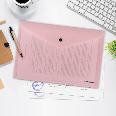 Папка-конверт с кнопкой BRAUBERG "Pastel", А4, до 100 листов, непрозрачная, персиковая, 0,18 мм, 270476 - Папки-конверты с кнопкой