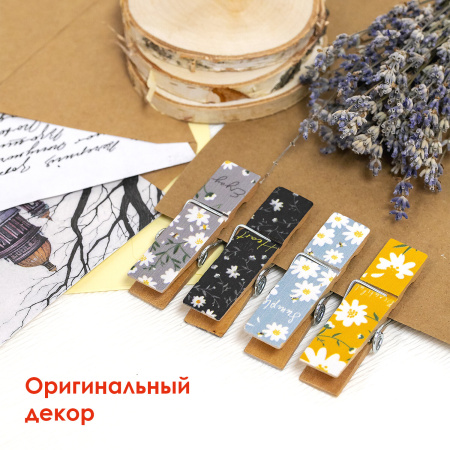 Прищепки декоративные широкие "Ромашки", 4 штуки, 7,2 см, ассорти, ОСТРОВ СОКРОВИЩ, 662680 - Прищепки для творчества