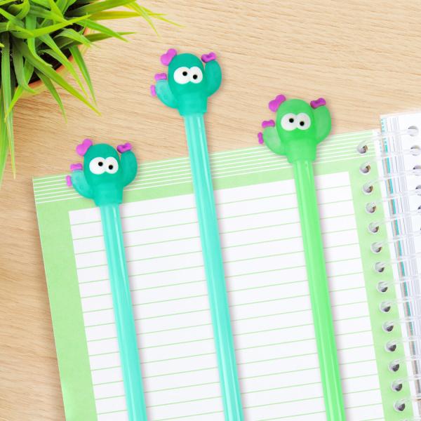 Ручка с топпером шариковая ЮНЛАНДИЯ "Цветущий кактус", корпус ассорти, СИНЯЯ, пишущий узел 0,7 мм, 143781 - Ручки фигурные