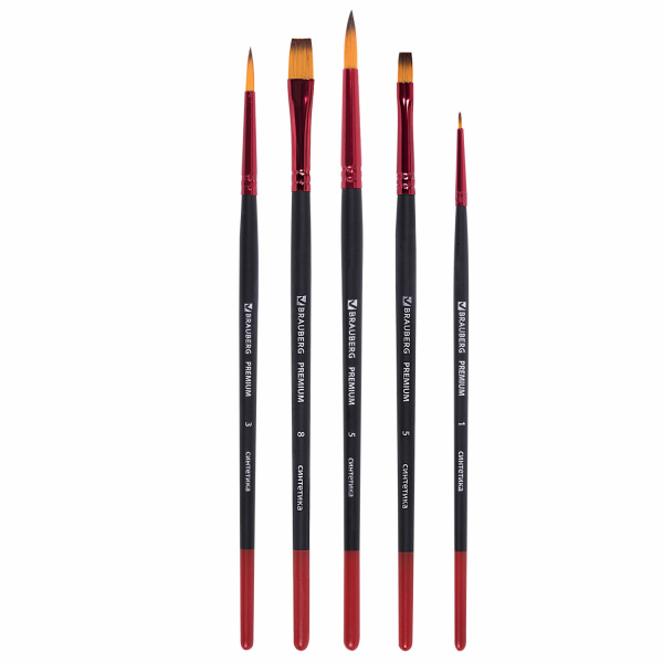 Кисти BRAUBERG PREMIUM, набор 5 шт. (синтетика, круглая № 1, 3, 5, плоская № 5, 8), блистер, 201024 - Кисти для рисования