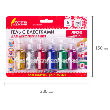 Гель с блестками ОСТРОВ СОКРОВИЩ, для декора, поделок, DIY, творчества, оформления, 6 ярких цветов по 20 мл, блистер, 662258 - Гель, гель-клей, краска для декорирования