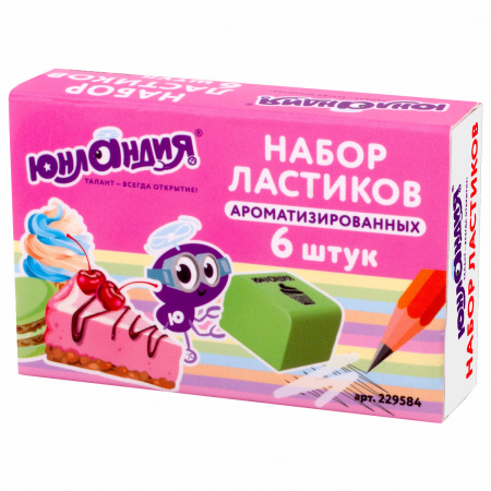 Набор ластиков ЮНЛАНДИЯ "СЛАДКИЕ ИСТОРИИ" 6 шт., размер 21х21х16 мм, ароматизированные, 229584, - Ластики классические