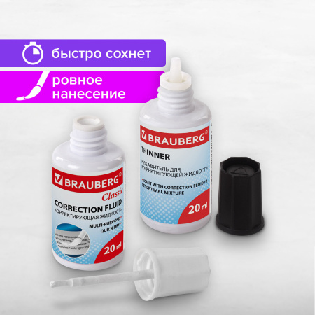 Корректирующий набор BRAUBERG, КОРРЕКТИРУЮЩАЯ ЖИДКОСТЬ + РАЗБАВИТЕЛЬ, 20+20 мл, 220454 - Корректирующие жидкости