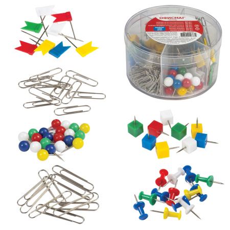 Набор ОФИСМАГ, скрепки 28 мм/60 шт., 50 мм/30 шт, гвоздики 50 шт., шарики, кубики, флажки по 20 шт., цилиндр, 226256 - Наборы канцелярских мелочей