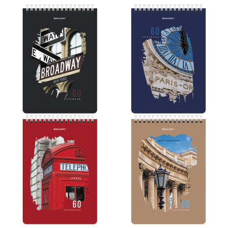 Блокнот А5 (146х206 мм), 60 л., гребень, картон, жесткая подложка, клетка, BRAUBERG, "Города", 114369 - Блокноты