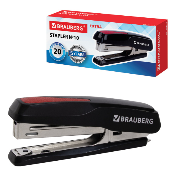 Степлер №10 BRAUBERG "Extra", до 20 листов, антистеплер, черно-красный, 229079 - Степлеры настольные