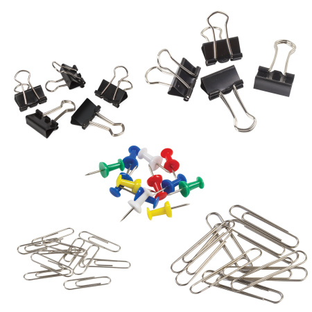 Набор STAFF "Profit", зажимы 19 и 25 мм по 6 шт., скрепки 28 мм/60 шт., 50 мм/30 шт., кнопки-гвоздики 50 шт., блистер, 226255 - Наборы канцелярских мелочей
