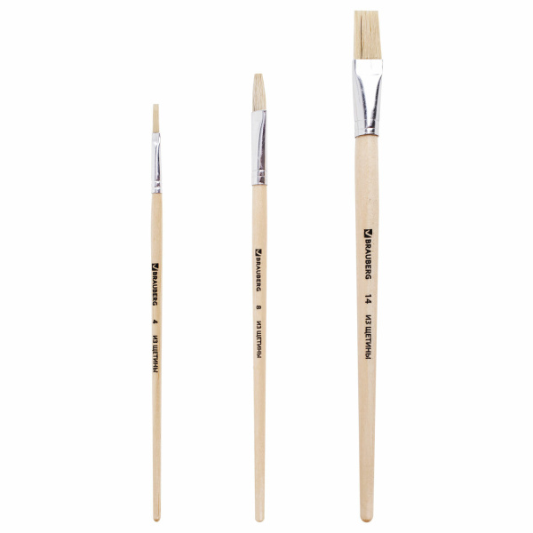 Кисти BRAUBERG, набор 3 шт. (щетина, плоские № 4, 8, 14), блистер, 200223 - Кисти для рисования