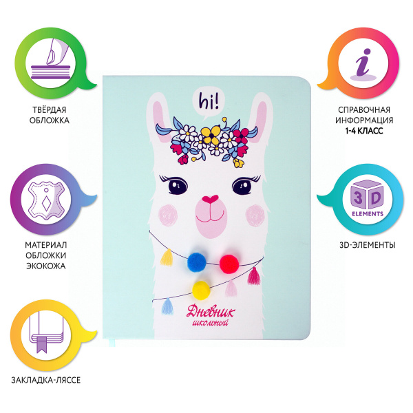 Дневник 1-4 класс 48 л., кожзам (твердая), 3D-элемент, ЮНЛАНДИЯ, "ЛАМА", 105943 - Дневники для младших классов