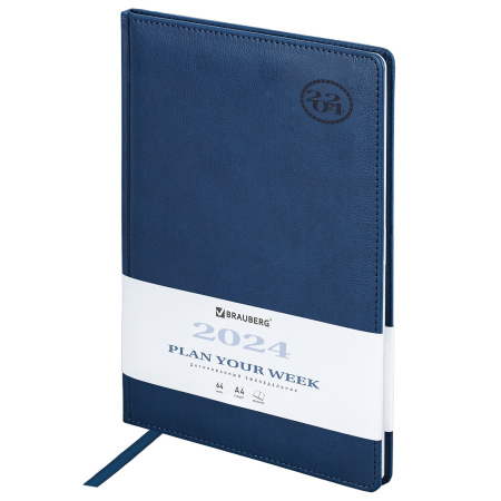 Еженедельник датированный 2024 БОЛЬШОЙ ФОРМАТ 210х297 мм А4, BRAUBERG "Favorite", под кожу, синий, 115007 - Еженедельники