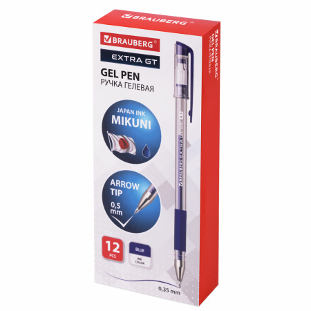 Ручка гелевая с грипом BRAUBERG "EXTRA GT", СИНЯЯ, стандартный узел 0,5 мм, линия 0,35 мм, 143915 - Ручки гелевые неавтоматические