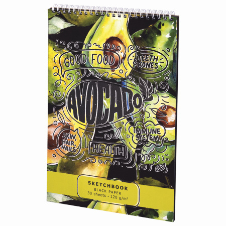 Скетчбук, черная бумага 120 г/м2, 195х300 мм, 30 л., гребень, SoftTouch, выборочный лак, "Авокадо", 97644 - Альбомы, скетчбуки и бумага для графики и эскизов
