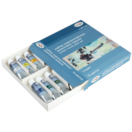 Краски акриловые художественные ГАММА "Студия", 12 цветов, туба 9 мл, картонная упаковка, 15032021 - Акриловые краски художественные в наборах