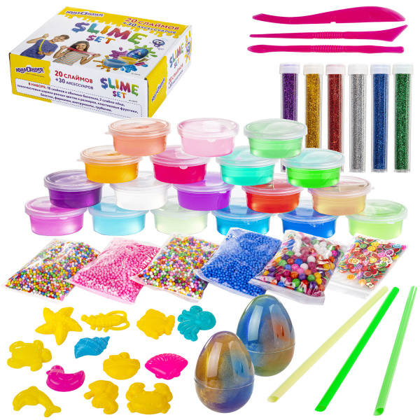 Набор слаймов 20 цветов, 30 аксессуаров, в колорбоксе, ЮНЛАНДИЯ, 663775 - Игрушки релаксирующие