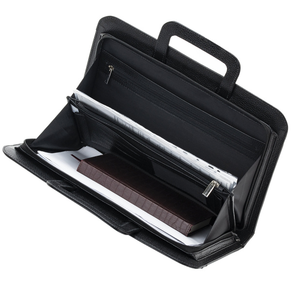 Папка из натуральной кожи на молнии, с выдвижными ручками, 385х280х50, черная, 8-021 - Папки из кожи