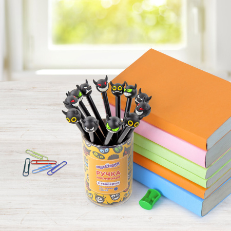 Ручка с топпером шариковая ЮНЛАНДИЯ "Чертёнок", корпус ассорти, СИНЯЯ, пишущий узел 0,7 мм, 143812 - Ручки фигурные