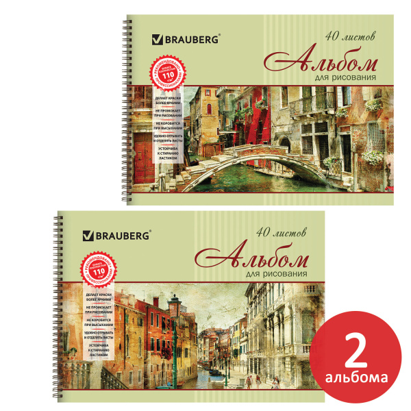 Альбомы для рисования А4 40 л., КОМПЛЕКТ 2 шт., гребень, обложка картон, BRAUBERG, 205х290 мм, "Город" (2 вида), 880029