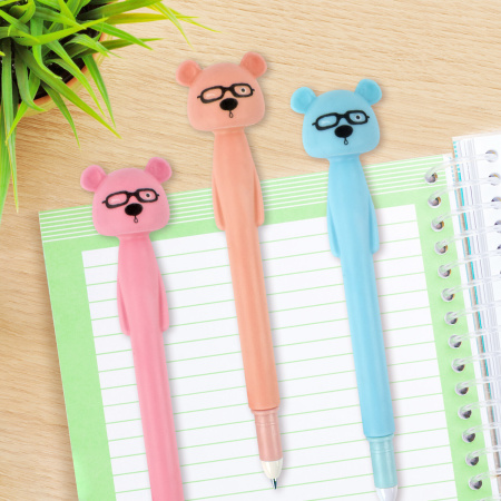 Ручка фигурная шариковая ЮНЛАНДИЯ "Мишка", мягкий силиконовый корпус, ассорти, СИНЯЯ, пишущий узел 0,7 мм, 143780 - Ручки фигурные