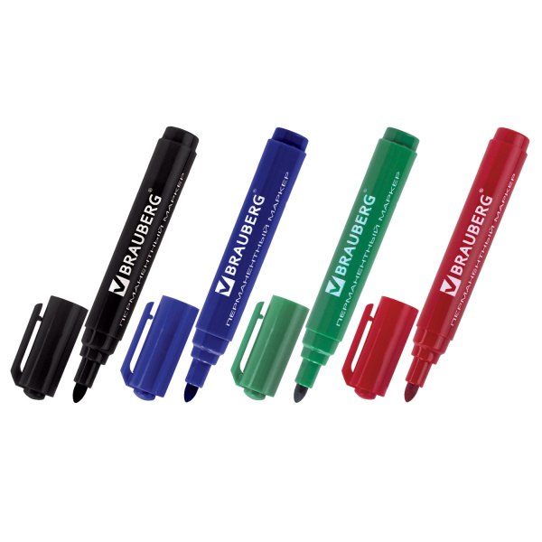 Маркеры перманентные BRAUBERG "Classic", НАБОР 4 ЦВЕТА, круглый наконечник, 3 мм, 150299 - Маркеры перманентные