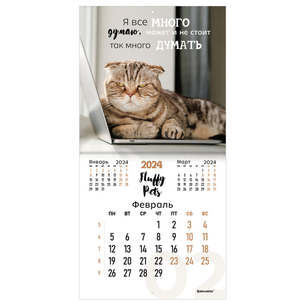 Календарь настенный перекидной на 2024 г., BRAUBERG, 12 листов, 29х29 см, "Кошечки", 115315 - Календари настенные