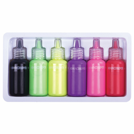 Краски витражные ЮНЛАНДИЯ "НЕОНЧИКИ", 5 цветов светящихся в темноте + 1 черный, 20 мл, шаблоны, 191760 - Декоративные и хобби краски