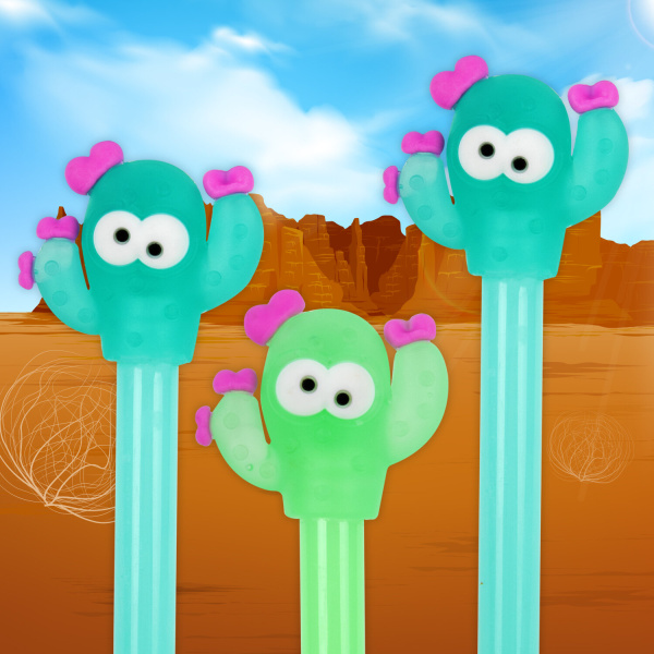 Ручка с топпером шариковая ЮНЛАНДИЯ "Цветущий кактус", корпус ассорти, СИНЯЯ, пишущий узел 0,7 мм, 143781 - Ручки фигурные