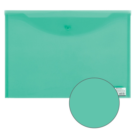 Папка-конверт с кнопкой БОЛЬШОГО ФОРМАТА (305х435 мм), А3, прозрачная, зеленая, 0,18 мм, BRAUBERG, 224033 - Папки-конверты с кнопкой
