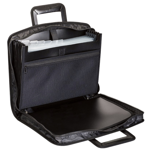 Папка-портфель пластиковая BRAUBERG А4+ (355х290х60 мм), выдвижные ручки, 9 отделений, 1 карман, черная, 225168 - Портфели пластиковые