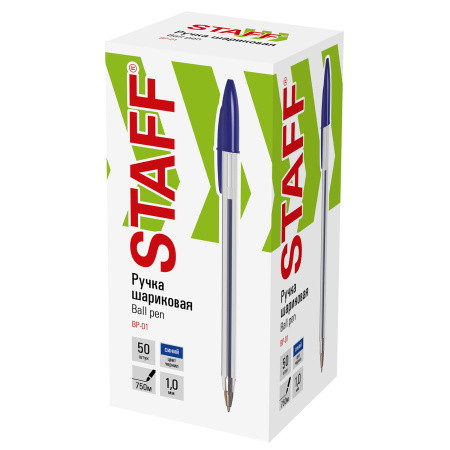 Ручка шариковая STAFF "Basic BP-01", письмо 750 метров, СИНЯЯ, длина корпуса 14 см, линия письма 0,5 мм, 141672 - Ручки шариковые неавтоматические