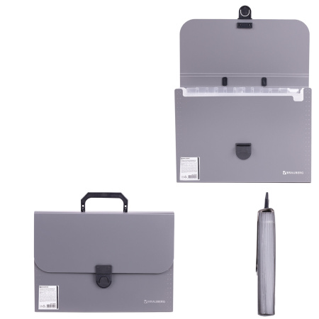 Папка-портфель пластиковая BRAUBERG "ПРОЕКТ", А4 (330х240х35 мм), 13 отделений, серый, РОССИЯ, 226027 - Портфели пластиковые