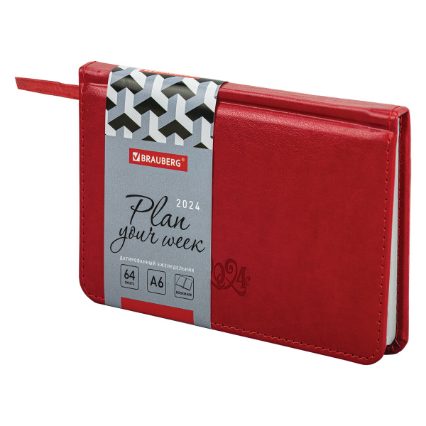 Еженедельник датированный 2024 МАЛЫЙ ФОРМАТ 95х155 мм А6, BRAUBERG "Rainbow", под кожу, красный, 115045 - Еженедельники
