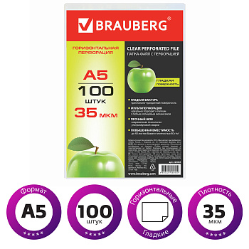 Папки-файлы МАЛОГО ФОРМАТА (148х210 мм), А5, ГОРИЗОНТАЛЬНЫЕ, КОМПЛЕКТ 100 шт., 35 мкм, BRAUBERG, 223085