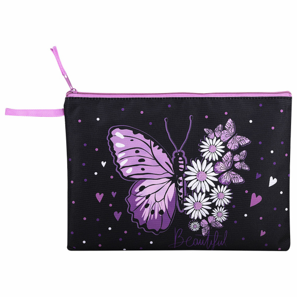 Папка для тетрадей BRAUBERG А4, 1 отделение, полиэстер, на молнии, с ручкой, "Flower butterfly", 271475 - Папки для тетрадей и уроков труда