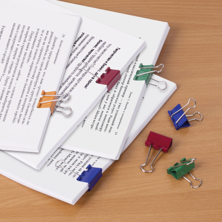 Зажимы для бумаг ОФИСМАГ, КОМПЛЕКТ 12 шт., 15 мм, на 45 листов, цветные, картонная коробка, 226761 - Зажимы для бумаг