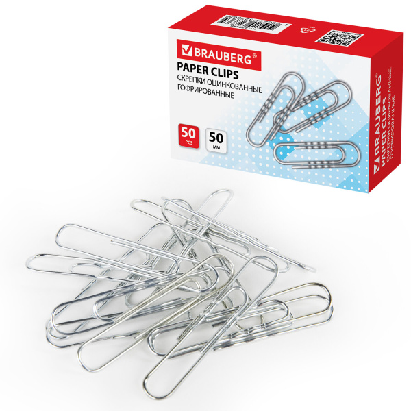 Скрепки большие 50 мм, BRAUBERG, оцинкованные, гофрированные, 50 шт., в картонной коробке, 270446 - Скрепки канцелярские