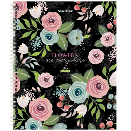 Тетрадь А5 96 л. BRAUBERG, гребень, клетка, твёрдая обложка, "Flowers" (4 вида в спайке), 404444 - Тетради более 60 листов