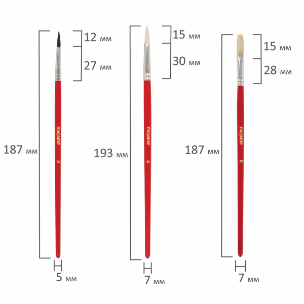 Кисти ПИФАГОР, набор 3 шт. (БЕЛКА: круглая № 3; КОЗА: круглая № 4; ЩЕТИНА: плоская № 6), пакет с европодвесом, 200229 - Кисти для рисования