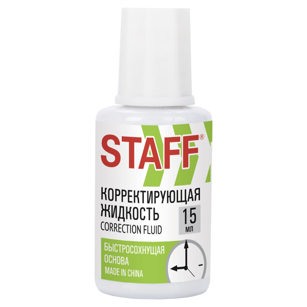 Корректирующая жидкость STAFF "Basic", быстросохнущая, 15 мл, с кисточкой, 226055