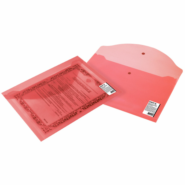 Папка-конверт с кнопкой STAFF, А4, до 100 листов, прозрачная, красная, 0,15 мм, 270469 - Папки-конверты с кнопкой