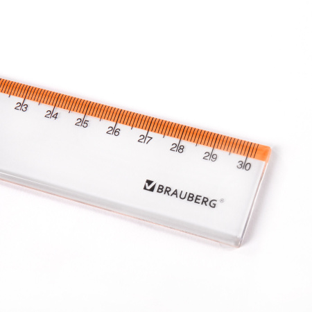 Линейка пластиковая 30 см BRAUBERG "FRESH ZONE", прозрачная, с оранжевой шкалой, 210759 - Линейки