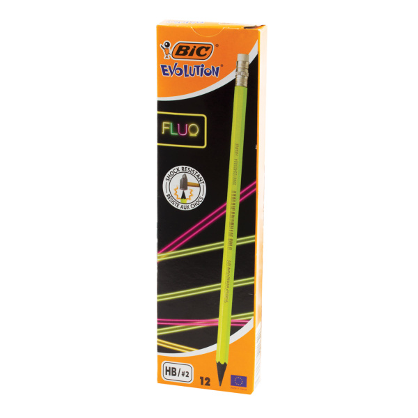 Карандаш чернографитный BIC, 1 шт., "Evolution Fluo", HB, с резинкой, пластиковый, корпус ассорти, заточенный, 942882 - Карандаши чернографитные