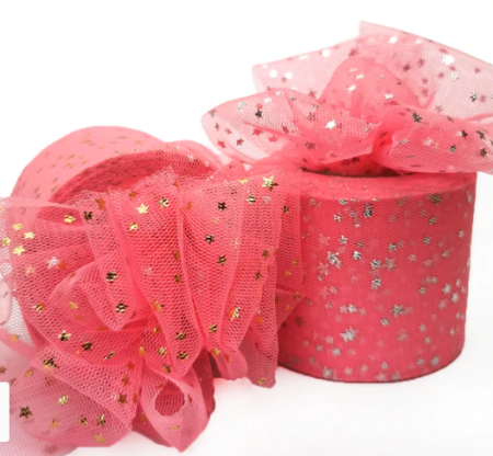 Фатиновая лента с золотыми звездами, цвет коралловый, ширина 8 см (45 см)