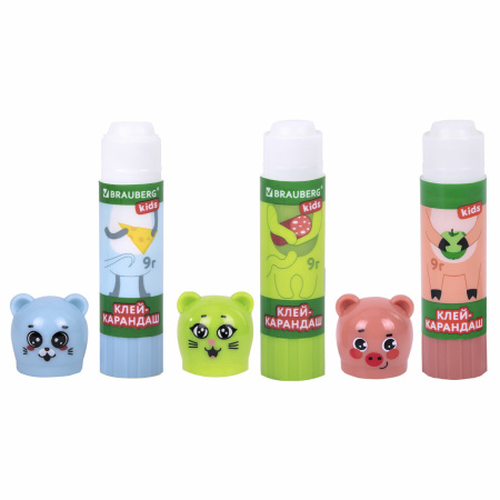 Клей-карандаш "Зверята: хрюшка, тигр, панда", 9 г, фигурный колпачок, 3 шт./блистер, BRAUBERG KIDS, 271141 - Клей-карандаш