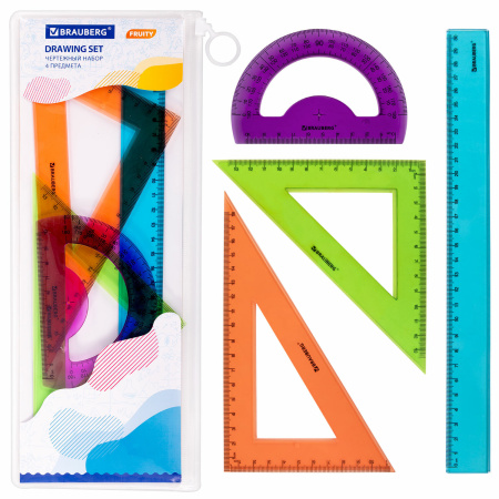 Набор чертежный большой BRAUBERG "FRUITY" (линейка 30 см, 2 треугольника, транспортир), ассорти, пенал, 210772 - Наборы чертежные