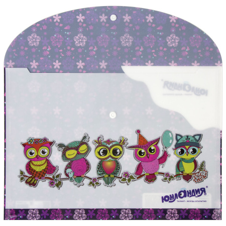 Папка-конверт с кнопкой ЮНЛАНДИЯ "Умные совы", А4, 160 мкм, до 100 листов, цветная печать, 228047 - Папки-конверты с кнопкой